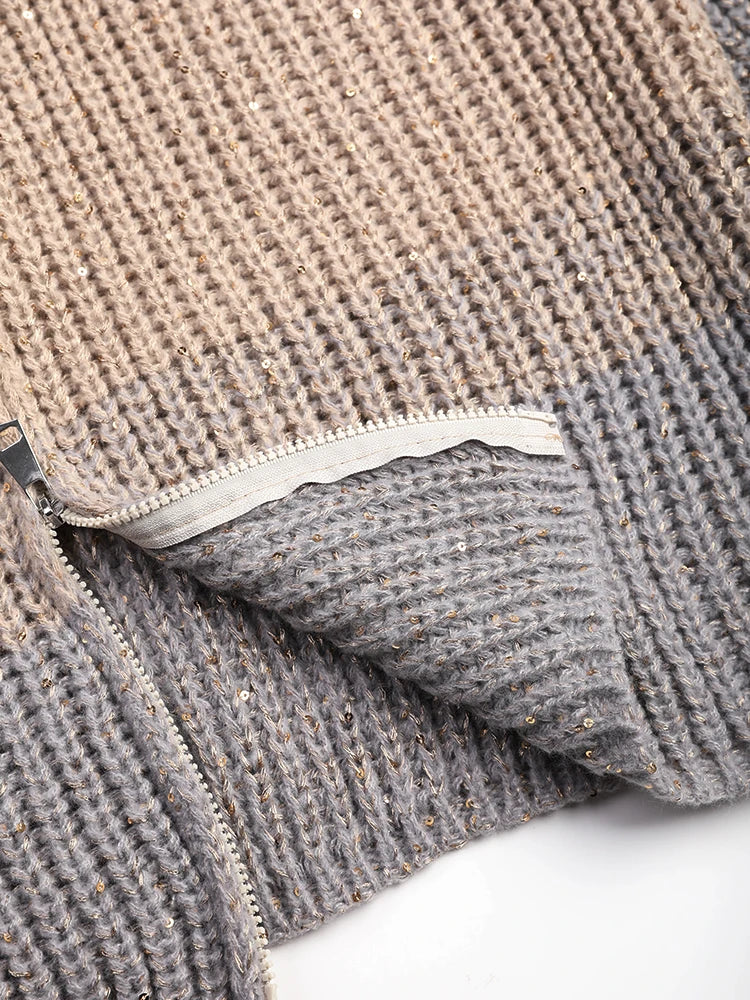 Gradient Sparkling Zip-Up Knit Cardigan