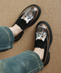 Brown Cats Embroidered Suede Splicing Chunky Loafer Shoes