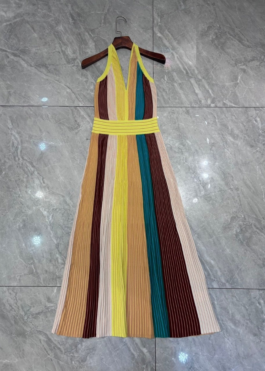 Multicolor Hanging Neck Pleated Dress