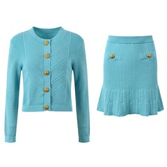 Round Neck Metal Buckle Slim Fit Knitted Top + Mini Skirt