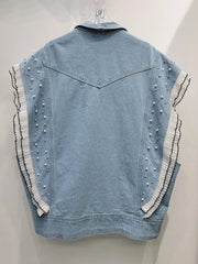 Denim Ruffled Edge Patchwork Pearl Loose Vest