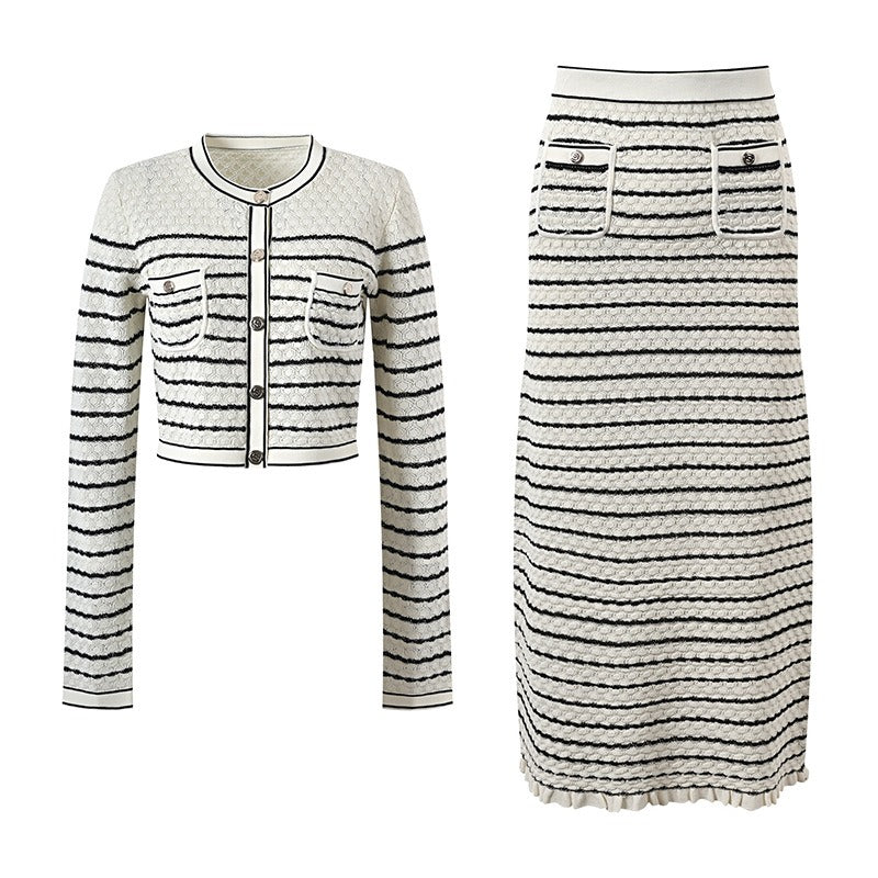 Striped Short Knit Top + Knit Skirt Set