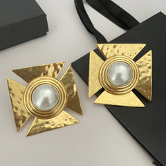 24KGold-Plated Pearl Large Square Clip Earrings