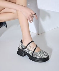 French Beige Platform Loafer Shoes Cross Strap Bead