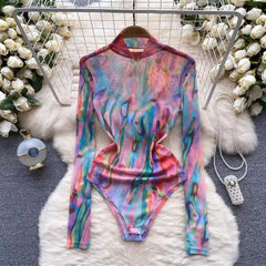 Colorful Turtleneck Tight Mesh Jumpsuit