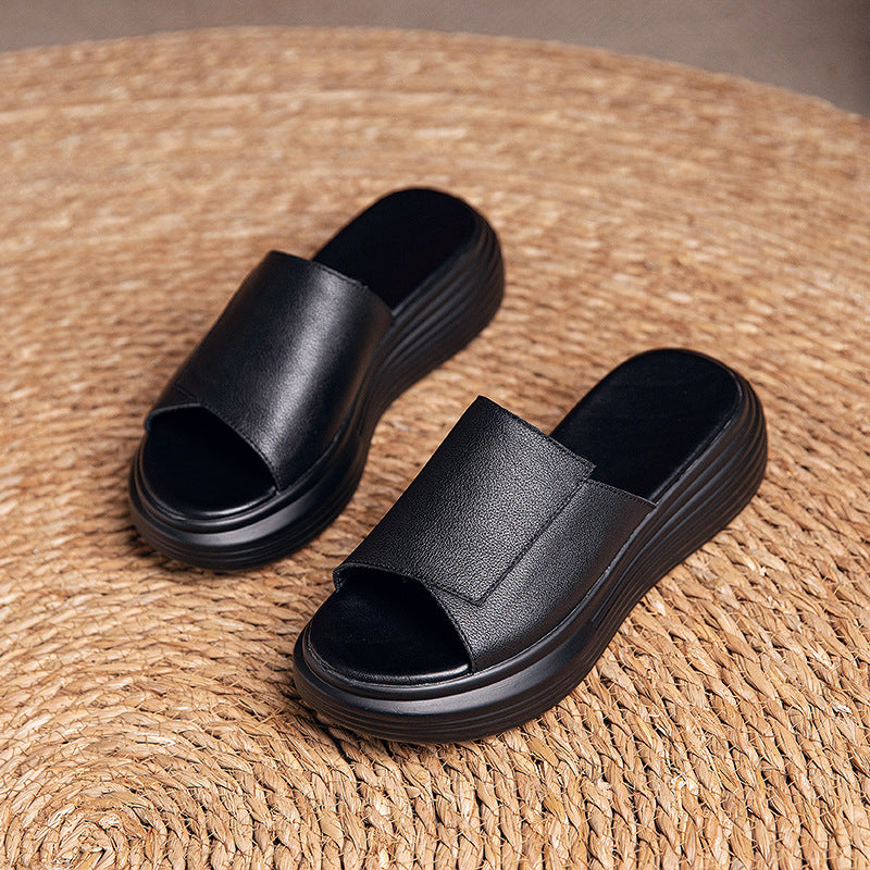 Flat Leather Solid Slippers For Women
