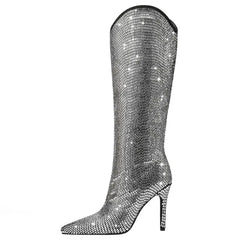 Pointed Toe Thin High Heel Rhinestone Long Boots