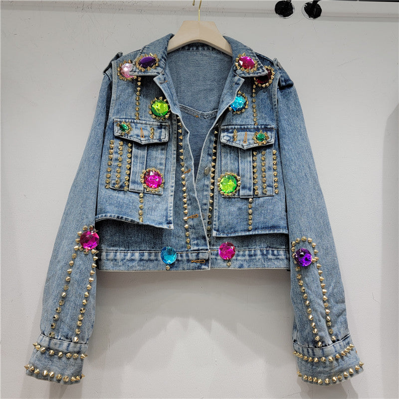 Handmade Rhinestone Rivet Slim Fit Short Denim Jacket