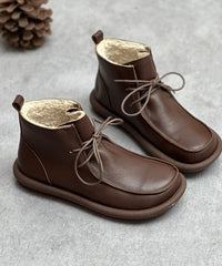 Retro Lace Up Boots Coffee Fuzzy Wool Lined Cowhide Leather