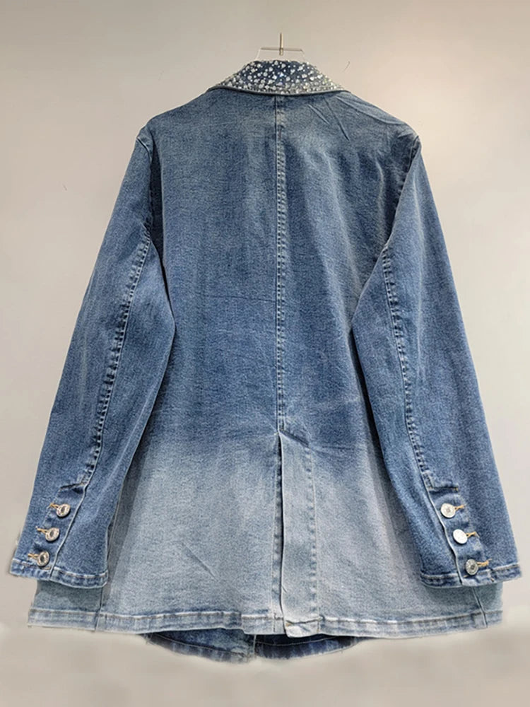 Gradient Blue Diamond Embellished Irregular Denim Blazer