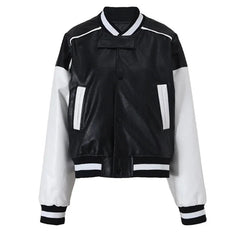 Casual Colorblock Vegan Leather Varsity Jacket