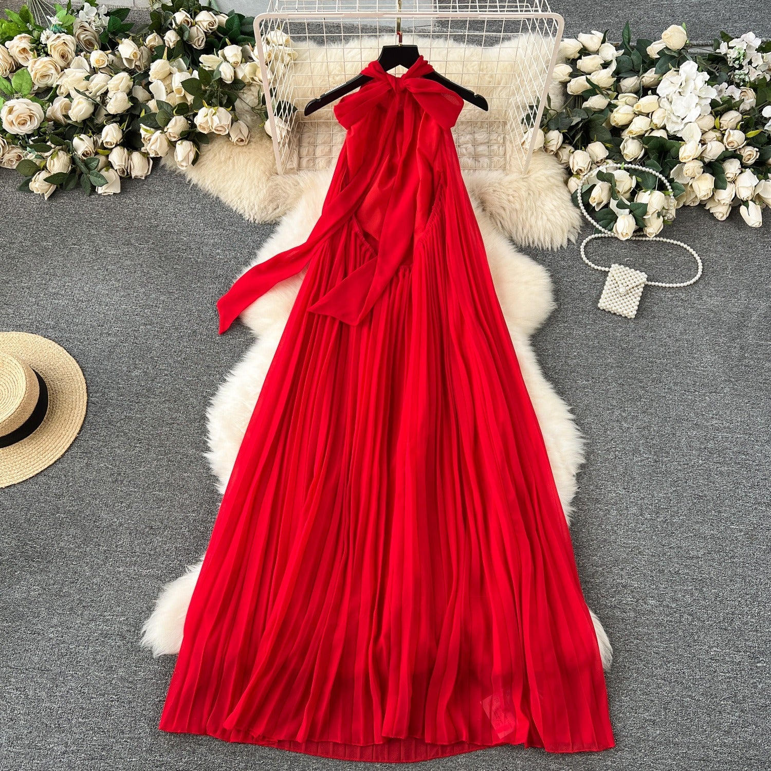 Red Chiffon Hanging Neck Midi Dress