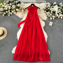 Red Chiffon Hanging Neck Midi Dress