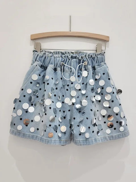 Elastic High Waist Wide Leg Big Sequins Shorts