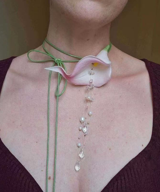 Cute Green Pearl Horseshoe Lotus Tassel Princess Necklace