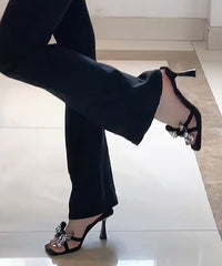 Fashion Splicing High Heel Slide Sandals Black Bow Zircon