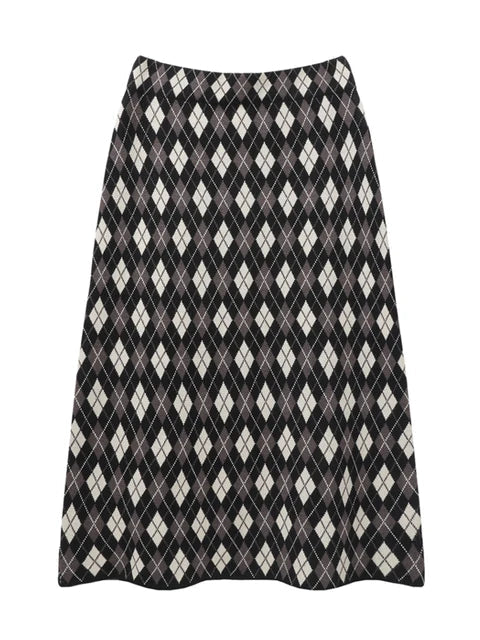 Vintage Rhombus Plaid Knitting Long Skirt