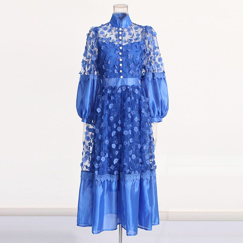 Stand Collar Puff Sleeves 3D Floral Mesh Dress