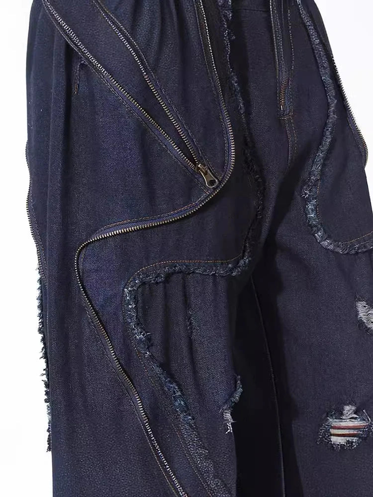 High Waist Zipper Pocket Irregular Wide Leg Denim Pants