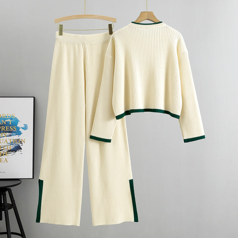 Knitted Short Sweater + Wide Leg Pants Set