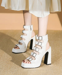 Chic Splicing Chunky High Heels Sandals Hollow Out Black Faux Leather