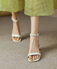 Classy Beads Splicing Chunky Sandals Apricot Cowhide Leather Peep Toe