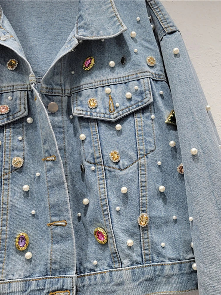 Colorful Crystal Single Breasted Pearl Denim Jacket