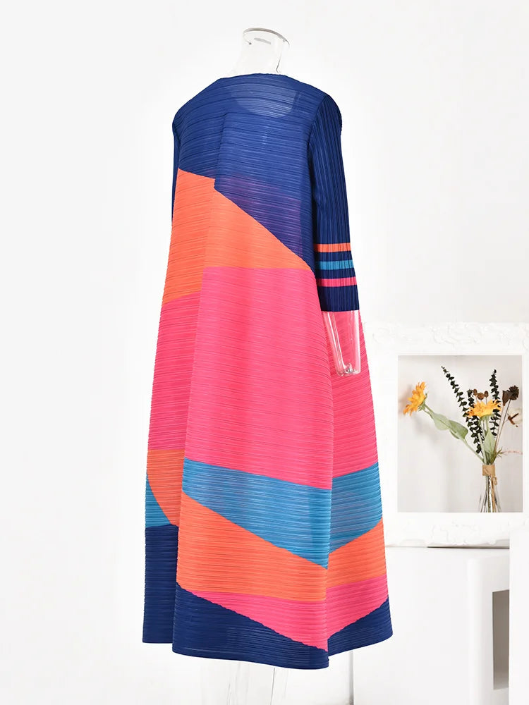 O-Neck Colorblock Printed Pleated Dress