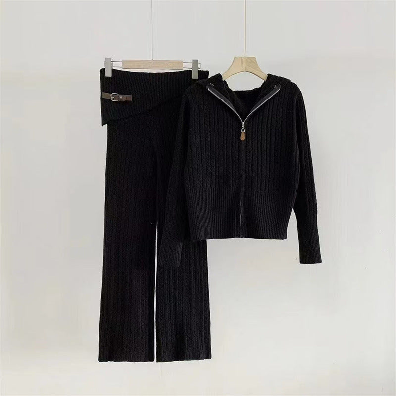 Hooded Knit Zip Up Cardigan + Knit Pants Set