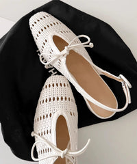 French Beige Sheepskin Bow Splicing Hollow Out Sandals