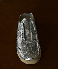 Chic Splicing Wedge Silver Cowhide Leather Slide Sandals