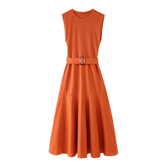 Solid Patchwork Belt Midi Dress