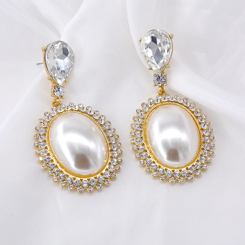 Pre Order:  Big Oval Pearl Crystal Long Drop Earrings
