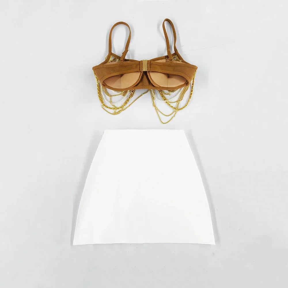 Pearl Chain Top + Mini Bandage Tassel Skirt