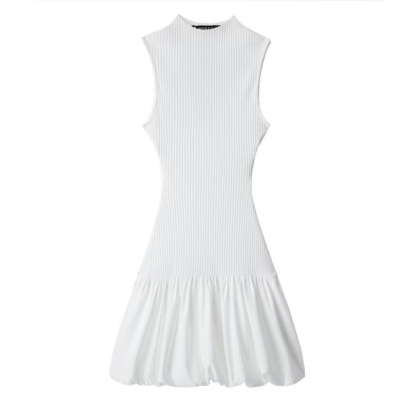 Solid Slim Ribbed Backless Balloon Dress