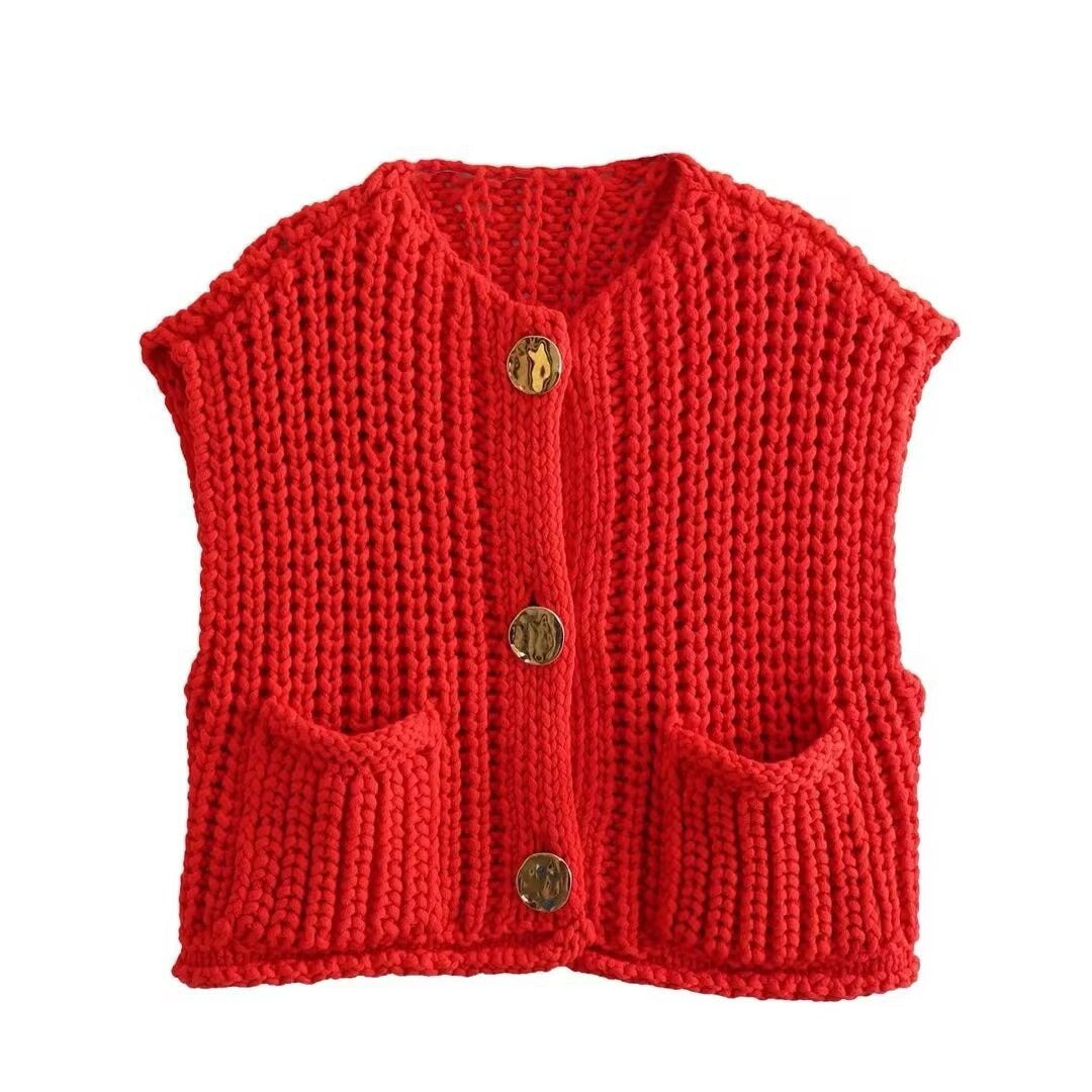 Pocket Sleeveless Knitted Cropped Vest