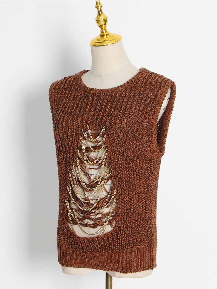 Solid Round Neck Chain Hollow Knitted Vest