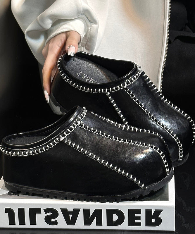 Casual Comfy Splicing Platform Black Cowhide Leather Slide Sandals