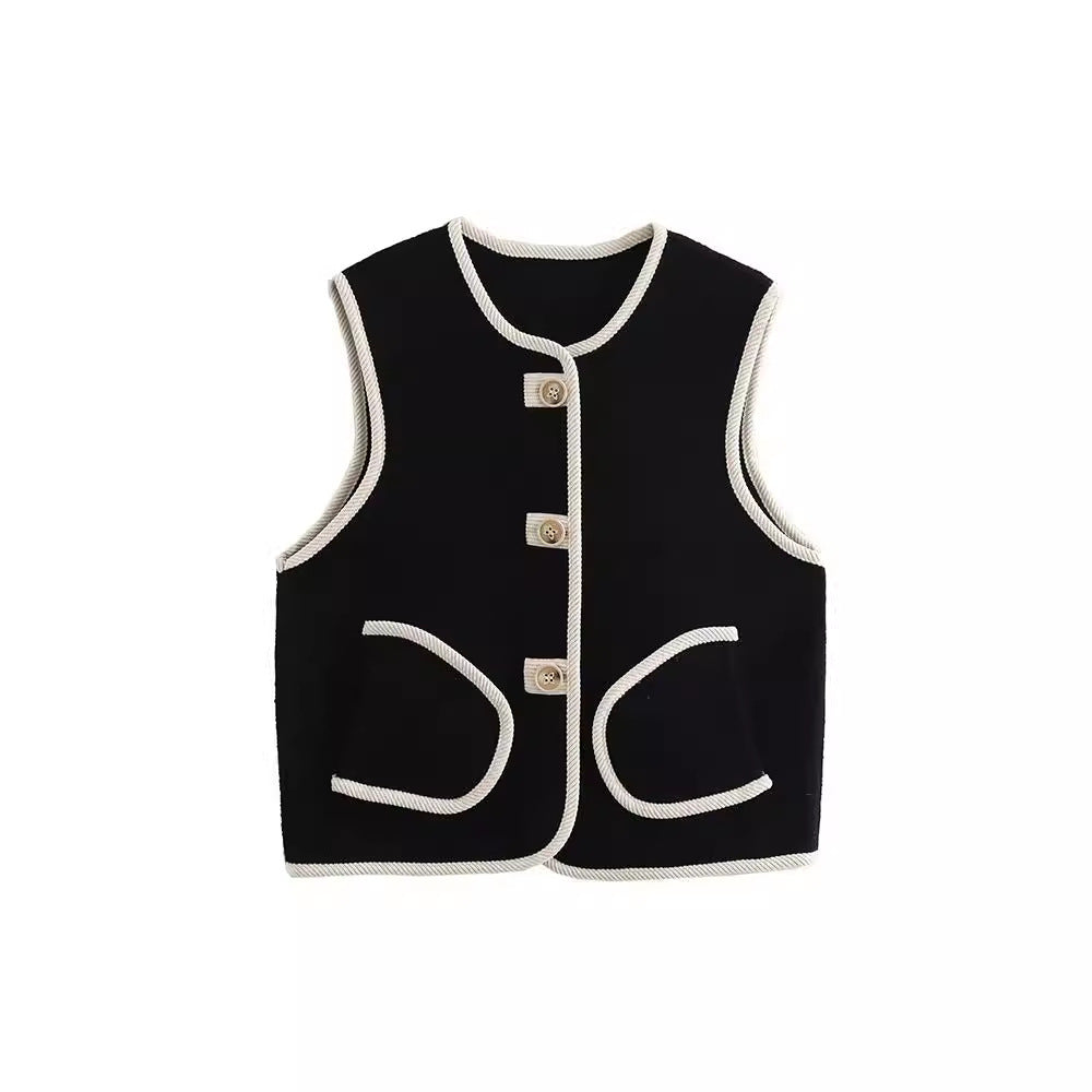 Loose Fit Sleeveless Trimmed Pocket  Pearl Fleece Vest