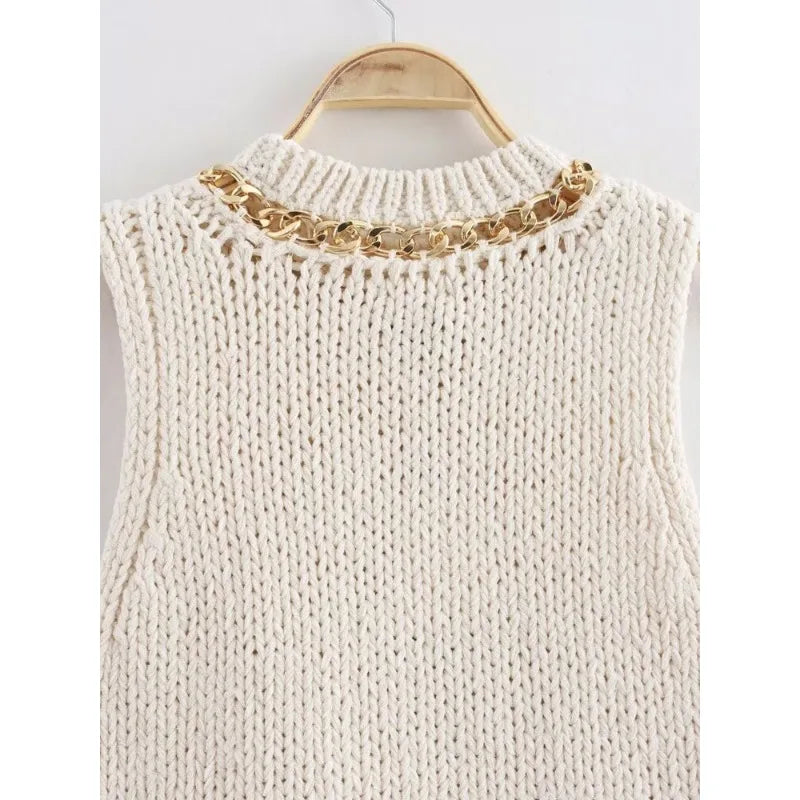 Asymmetrical Sleeveless Round Neck Chain Knitted Vest