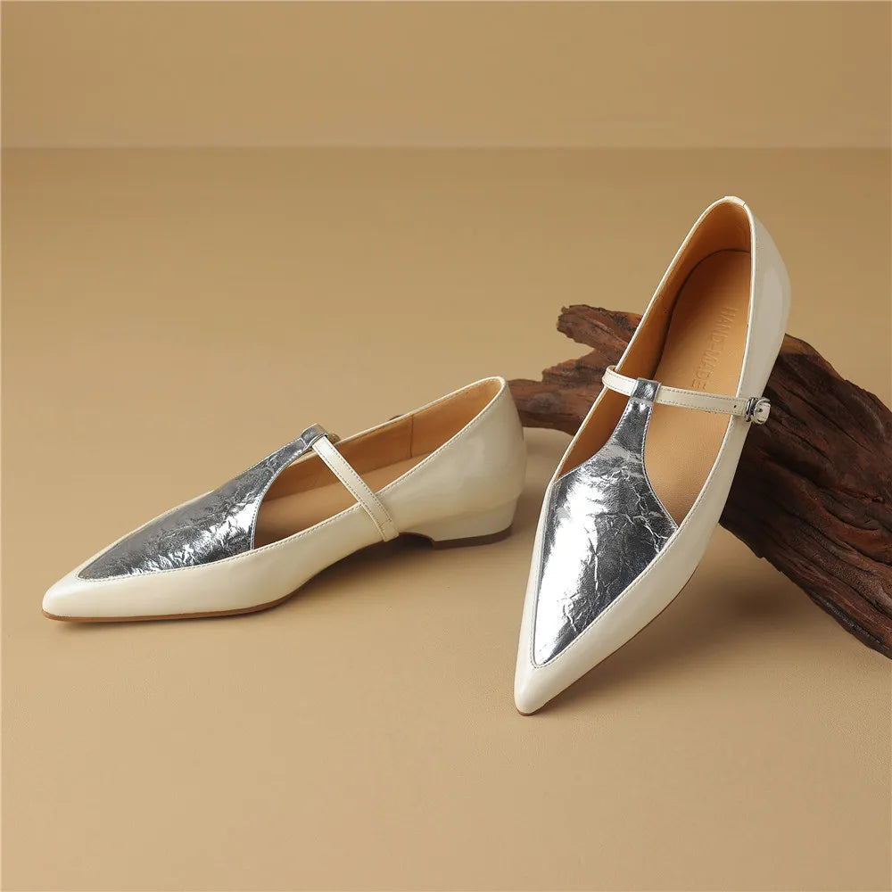 Pointed Toe Sheep Skin Splicing Buckle Strap Shoes