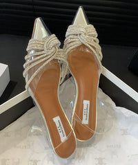 Fashion Silver Transparent Pointed Toe Zircon Slide Sandals