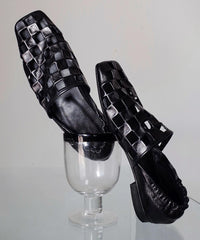 Fashion Black Cowhide Leather Hollow Out Loafer Shoes Splicing