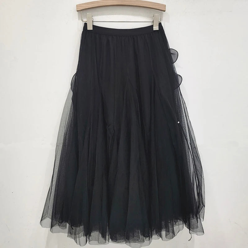 Mesh Handmade 3D Flower High Elastic Waist Skirt