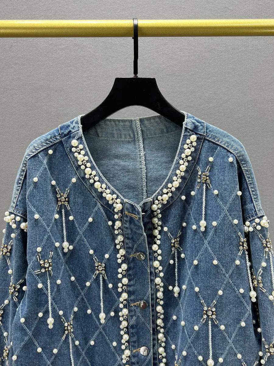 Beaded Diamond Loose Denim Jacket