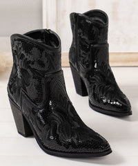 Chic Black Embossed Sequins Cotton Fabric Chunky Ankle Boots