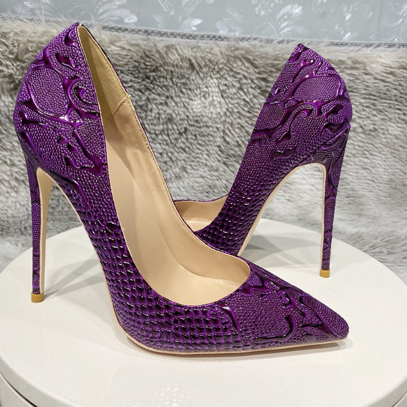 Purple Embossed Pointed-Toe Pumps Shoes