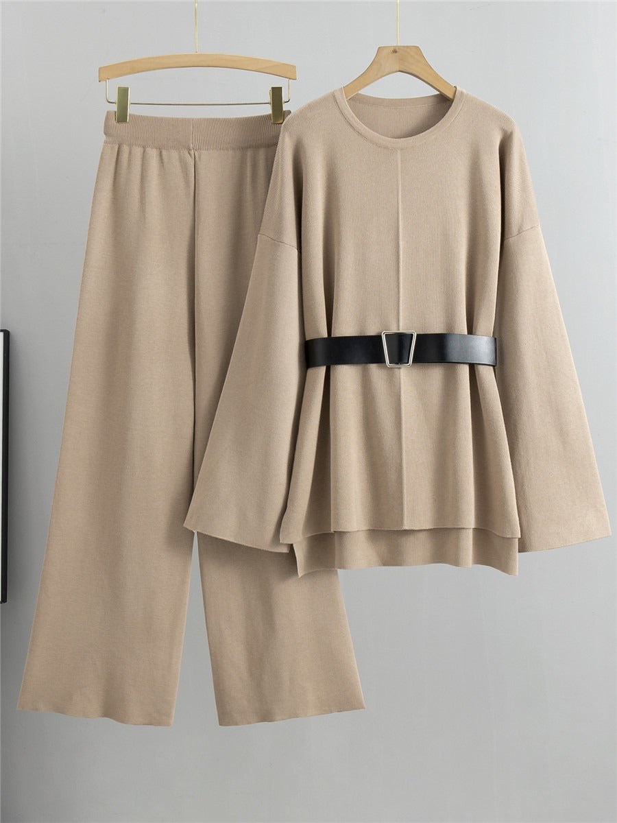 Knitted Loose Belted Sweater + Wide Leg Pants Set