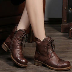 Cozy Lace Up Leather Chunky Heels Martin Boots