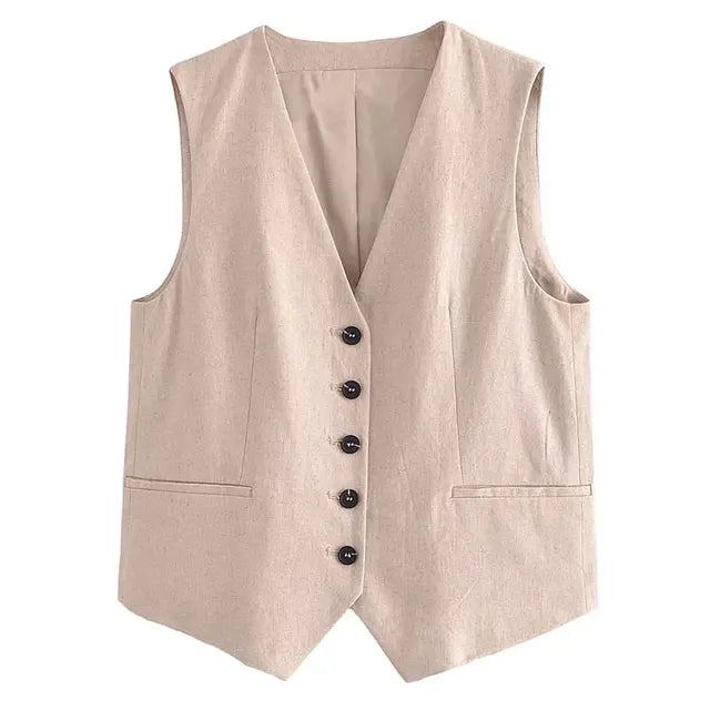 Solid Button Sleeveless Linen Vest + Shorts Set